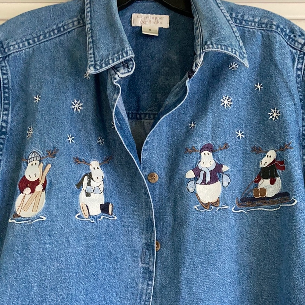 Christopher &Banks Denim Holiday Button Down Shirt, Small